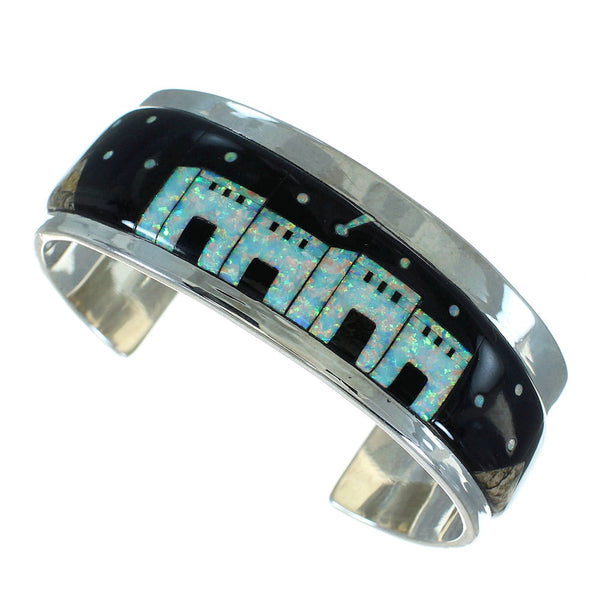 Southwestern Sterling Silver Multicolor Inlay Native American Village Design Cuff Bracelet RX69155