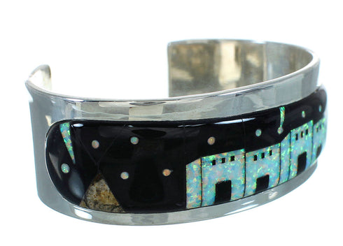 Southwestern Sterling Silver Multicolor Inlay Native American Village Design Cuff Bracelet RX69155