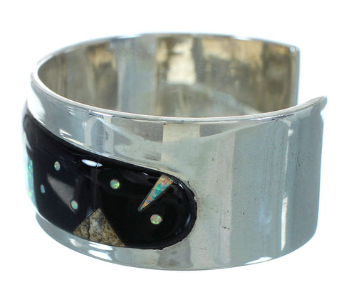 Southwestern Sterling Silver Multicolor Inlay Native American Village Design Cuff Bracelet RX69155