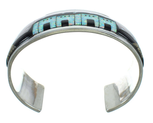 Southwestern Sterling Silver Multicolor Inlay Native American Village Design Cuff Bracelet RX69155