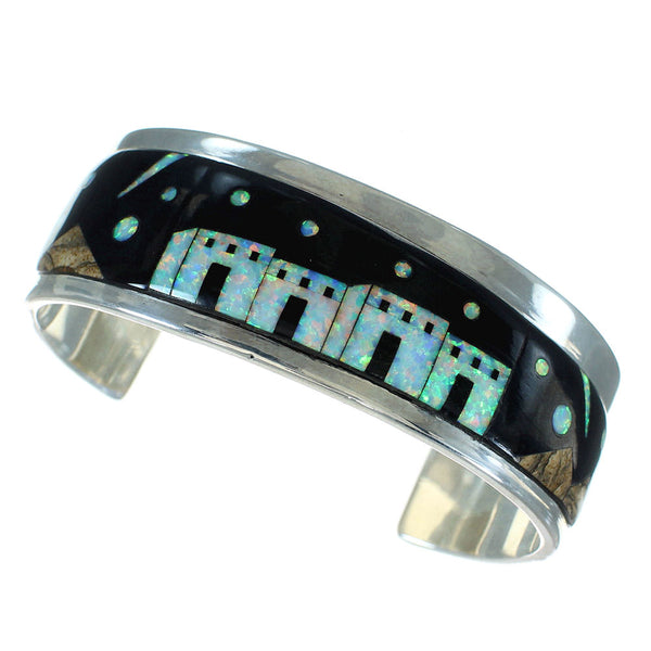 Southwest Multicolor Native American Village Or Pueblo Design Sterling Silver Cuff Bracelet RX69158