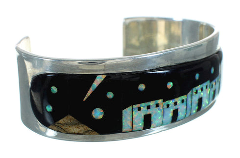 Southwest Multicolor Native American Village Or Pueblo Design Sterling Silver Cuff Bracelet RX69158