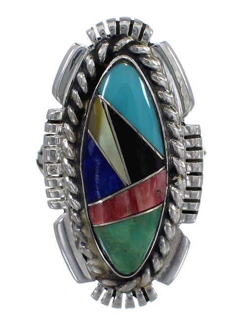 Silver Southwestern Multicolor Inlay Ring Size 6-1/4 QX77483