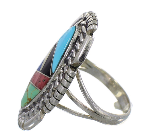 Southwestern Sterling Silver Multicolor Inlay Ring Size 5-1/2 QX77771