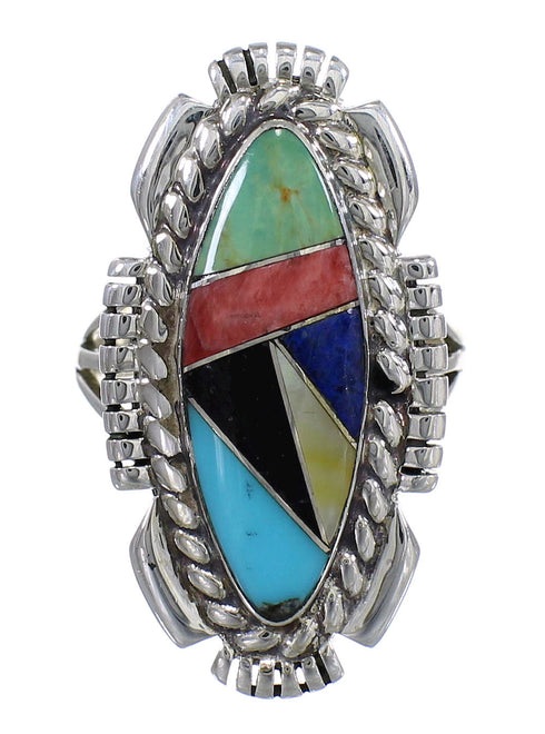 Southwestern Genuine Sterling Silver Multicolor Inlay Ring Size 5-1/2 QX77776
