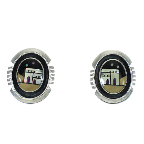 Sterling Silver Native American Village Design Multicolor Post Earrings AX81239