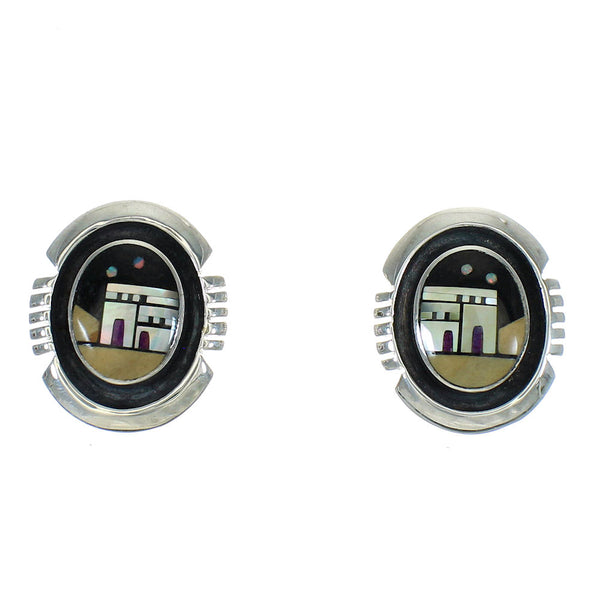Sterling Silver Native American Village Design Multicolor Post Earrings AX81239
