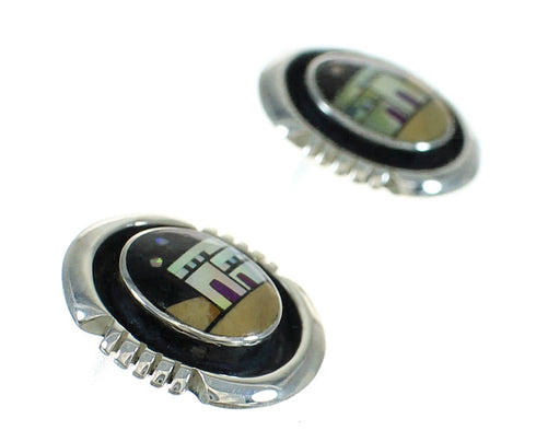 Sterling Silver Native American Village Design Multicolor Post Earrings AX81239