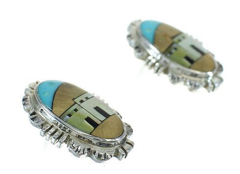Silver Native American Pueblo Design Multicolor Inlay Post Earrings AX81254