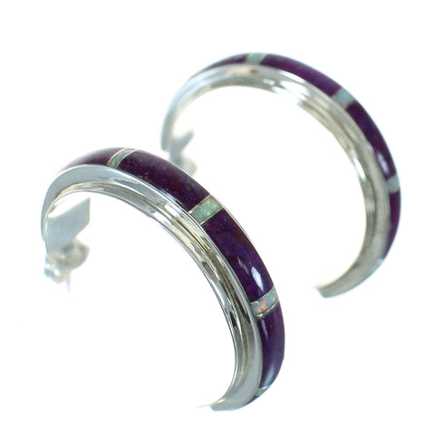 Genuine Sterling Silver Magenta Turquoise Opal Inlay Post Hoop Earrings RX66321