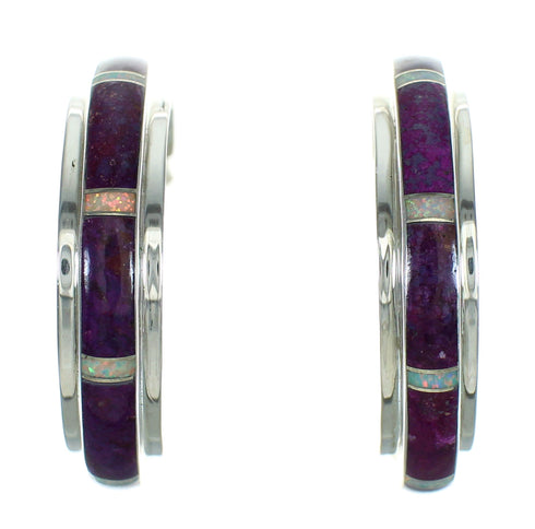 Genuine Sterling Silver Magenta Turquoise Opal Inlay Post Hoop Earrings RX66321