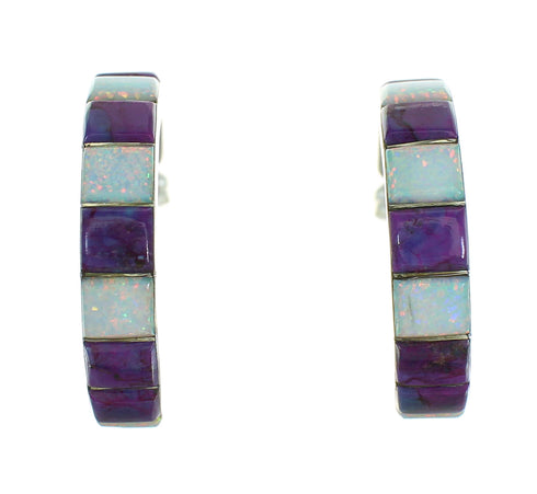 Southwest Magenta Turquoise Opal Authentic Sterling Silver Post Hoop Earrings RX66402