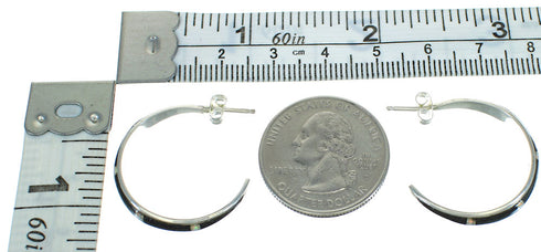 Southwest Sterling Silver Jet Opal Inlay Post Hoop Earrings RX65719