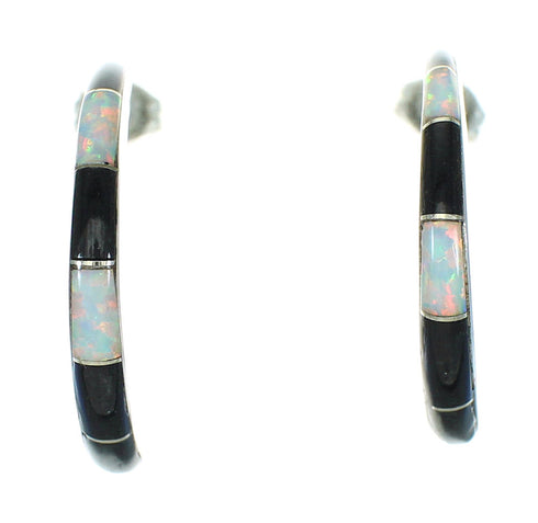 Genuine Sterling Silver Jet Opal Inlay Jewelry Post Hoop Earrings RX65741