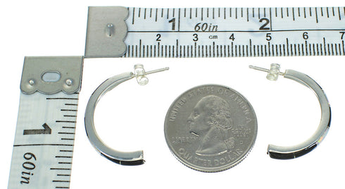 Genuine Sterling Silver Jet Opal Inlay Jewelry Post Hoop Earrings RX65741