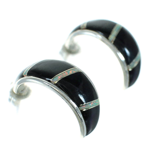 Southwest Jet Opal Inlay Sterling Silver Post Hoop Earrings RX65747