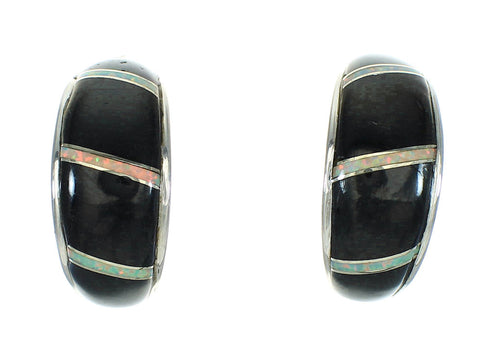 Southwest Jet Opal Inlay Sterling Silver Post Hoop Earrings RX65747