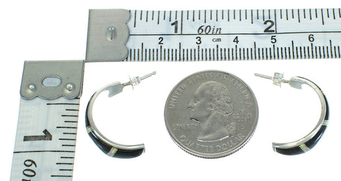 Southwest Jet Opal Inlay Sterling Silver Post Hoop Earrings RX65747