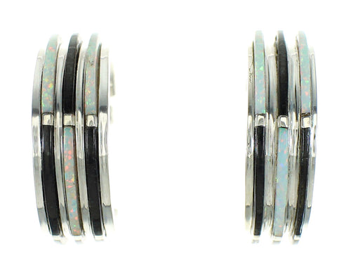 Southwestern Jet Opal Inlay Sterling Silver Post Hoop Earrings RX65751