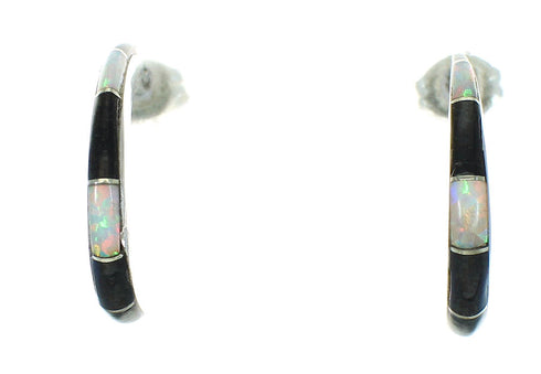 Genuine Sterling Silver Jet Opal Inlay Post Hoop Earrings RX65753