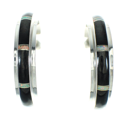 Southwest Sterling Silver Jet Opal Inlay Post Hoop Earrings RX65760