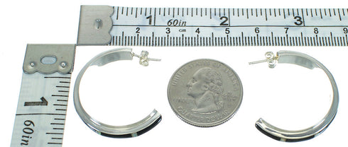 Southwest Sterling Silver Jet Opal Inlay Post Hoop Earrings RX65760