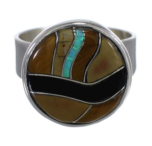 Genuine Sterling Silver Southwest Multicolor Inlay Ring Size 7-1/2 RX82160