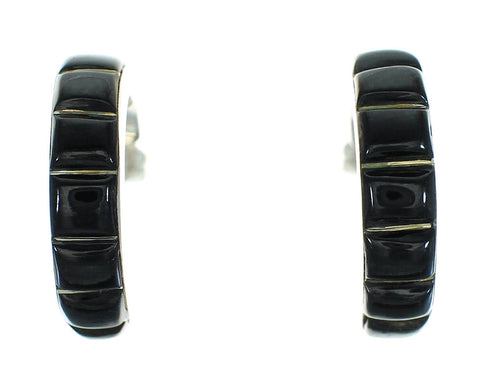 Southwestern Jet Inlay And Sterling Silver Post Hoop Earrings WX66598