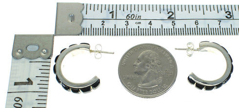 Southwestern Jet Inlay And Sterling Silver Post Hoop Earrings WX66598