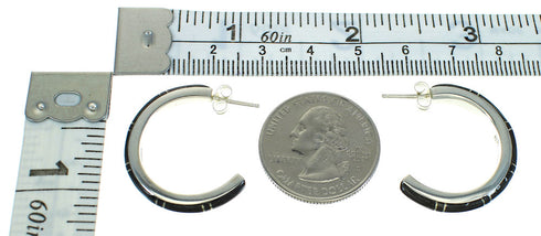 Southwest Genuine Sterling Silver And Jet Inlay Post Hoop Earrings WX66622