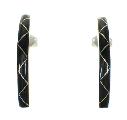 Jet Inlay And Genuine Sterling Silver Southwest Post Hoop Earrings WX66626
