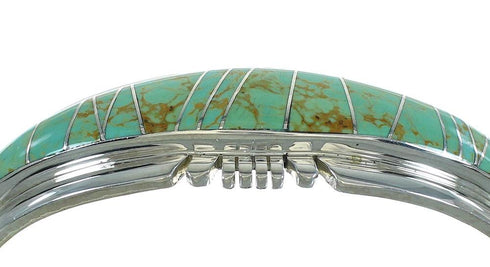 Turquoise Inlay Authentic Sterling Silver Southwestern Cuff Bracelet AX78293