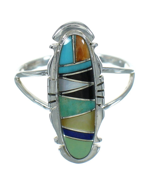 Genuine Sterling Silver Southwest Multicolor Inlay Ring Size 7-1/4 QX74597