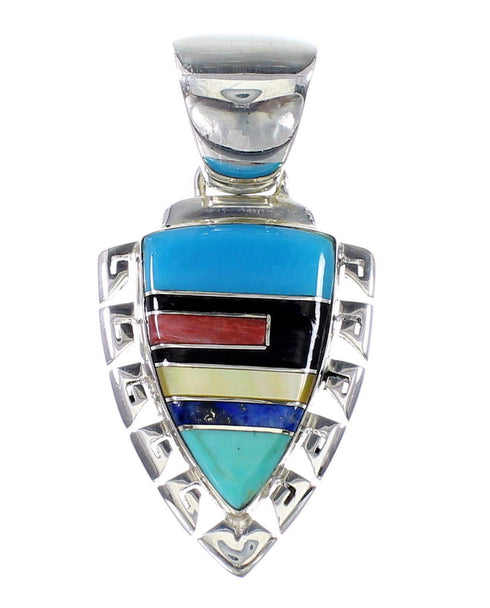 Southwestern Multicolor Inlay Arrowhead And Waterwave Silver Pendant AX94567