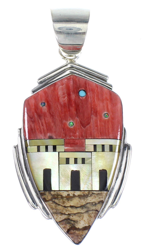 Multicolor Inlay And Sterling Silver Native American Pueblo Village Design Pendant RX94543