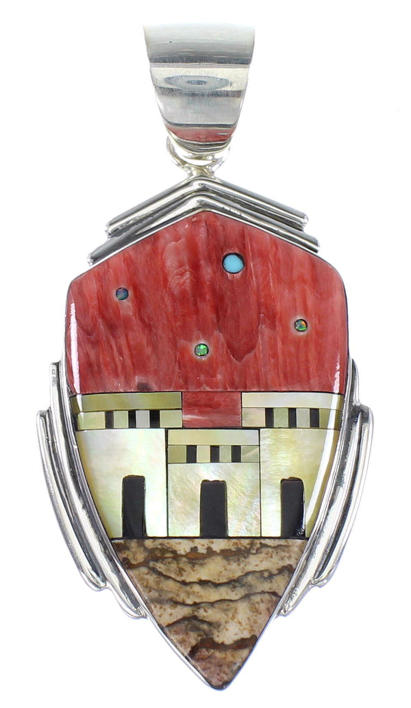Multicolor Inlay And Sterling Silver Native American Pueblo Village Design Pendant RX94543