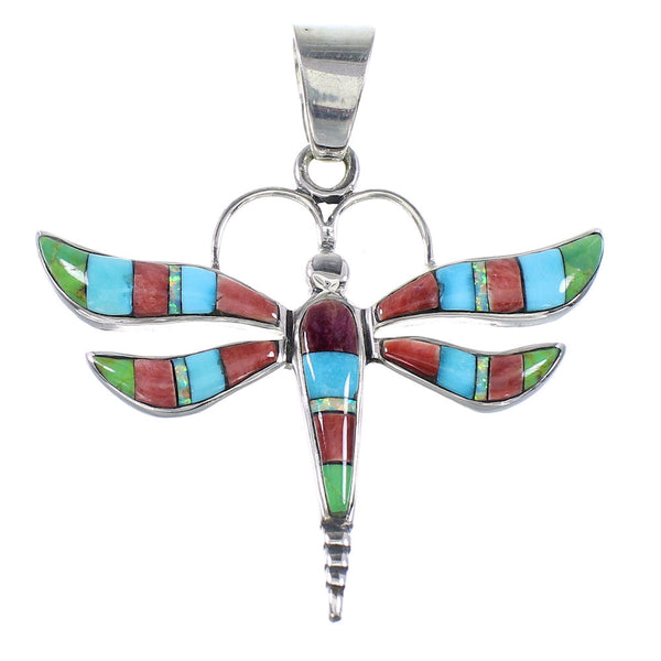 Southwest Genuine Sterling Silver Multicolor Inlay Dragonfly Pendant RX94575