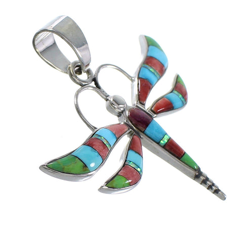Southwest Genuine Sterling Silver Multicolor Inlay Dragonfly Pendant RX94575