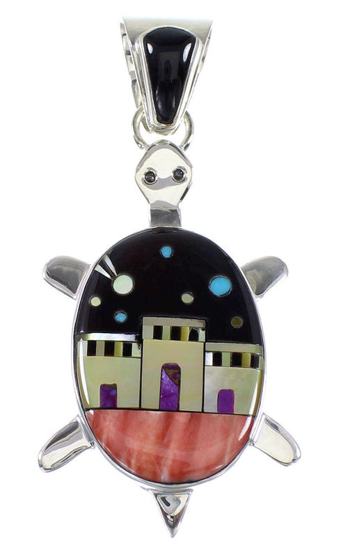 Genuine Sterling Silver Native American Village Or Pueblo Design Multicolor Turtle Pendant RX94776