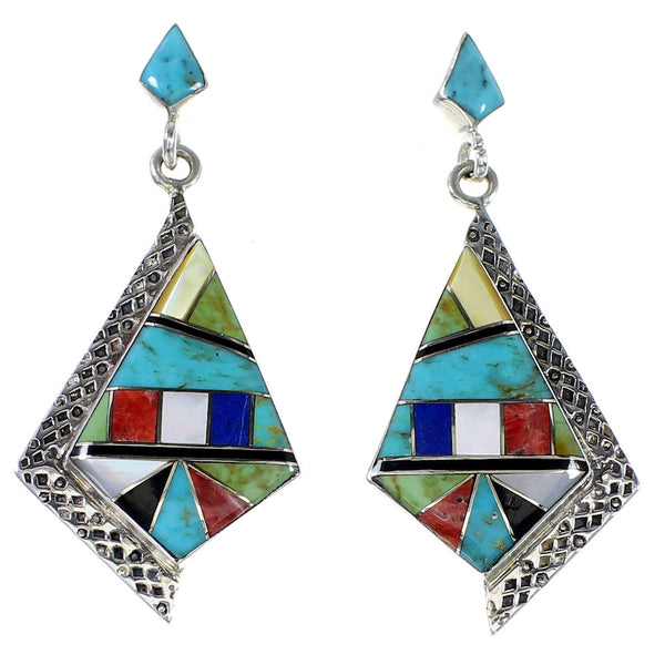 Multicolor Inlay Genuine Sterling Silver Southwest Post Dangle Earrings RX95100