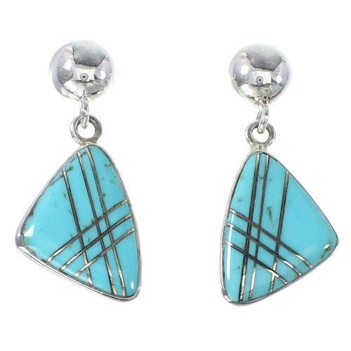 Silver Turquoise Inlay Southwestern Post Dangle Earrings