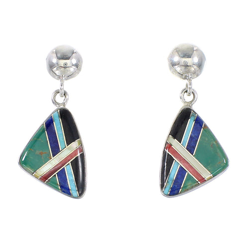 Genuine Sterling Silver Multicolor Inlay Southwest Post Dangle Earrings AX95345