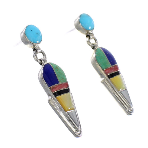 Multicolor Inlay Authentic Sterling Silver Post Dangle Earrings AX95367