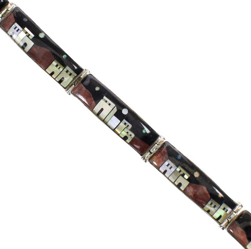 Black Jade Opal Silver Native American Design Link Bracelet TX40790