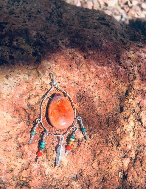 Genuine Sterling Silver Southwest Feather Multicolor Pendant RX114683