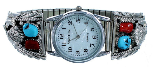 Turquoise Coral Genuine Sterling Silver Navajo Buffalo Watch RX108565