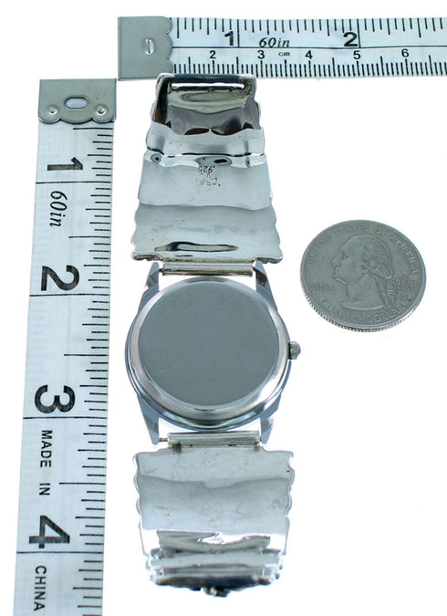 Turquoise Coral Genuine Sterling Silver Navajo Buffalo Watch RX108565