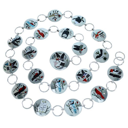 Sterling Silver Multicolor Bird Zuni Indian Link Concho Belt SX109220