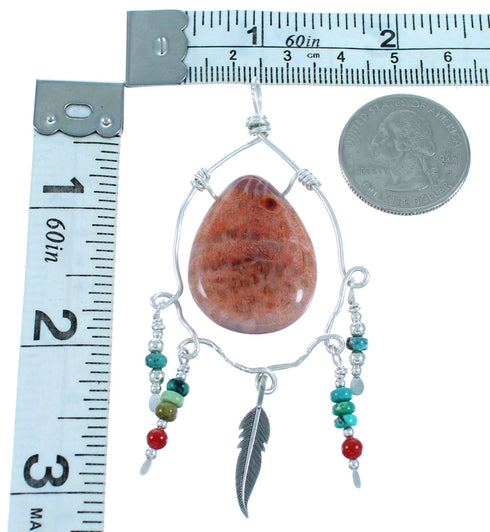 Genuine Sterling Silver Southwest Feather Multicolor Pendant RX114683