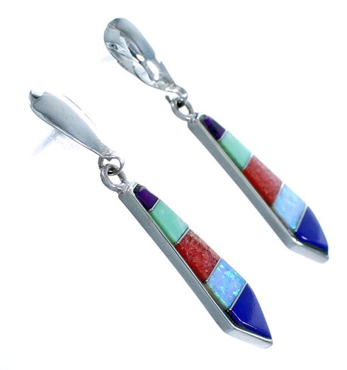 Southwestern Sterling Silver Multicolor Inlay Post Dangle Earrings RX115192